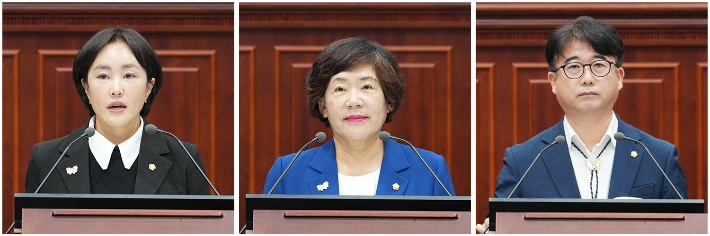 김소현(왼쪽부터) 한순희, 정성룡 의원이 5분 자유발언을 하고 있다. 경주시의회 제공