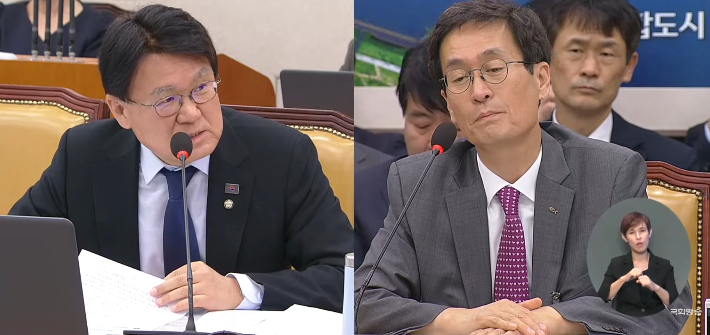 조국혁신당 황운하 의원(왼쪽)과 함진규 도로공사 사장. 국회방송 캡처