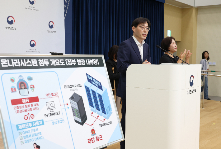 이용석 행정안전부 디지털정부혁신실장이 17일 정부세종청사 중앙동 브리핑실에서 정부업무관리시스템(온나라) 해킹 대응 관련 브리핑을 하고 있다. 연합뉴스