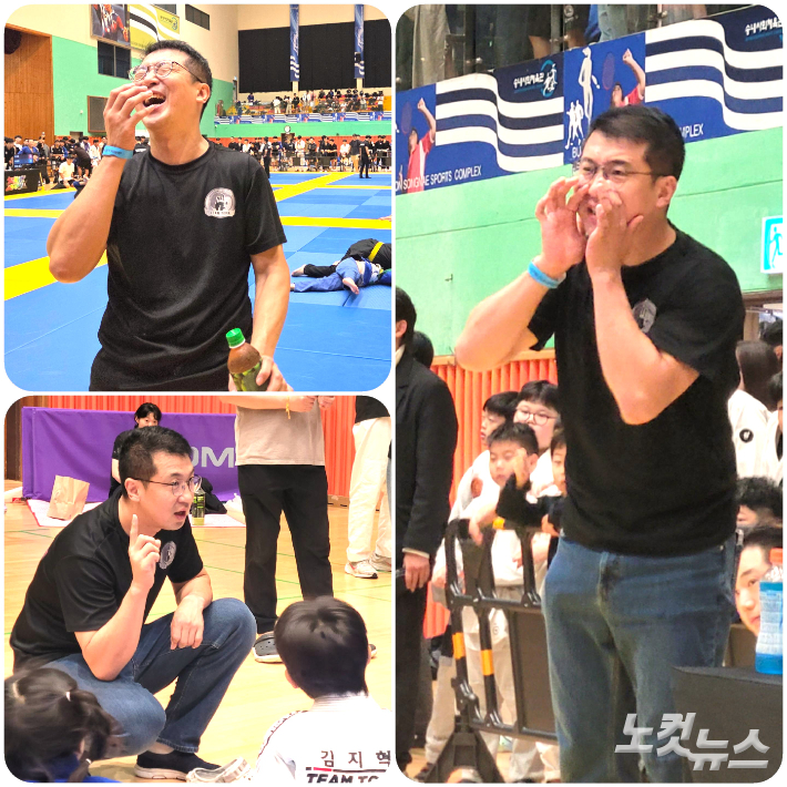 한동수 관장이 주짓수 대회에 참가한 제자들에게 기술 지도를 하고 있는 모습들. 박창주 기자