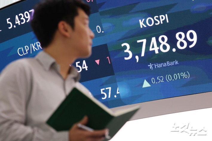 코스피 지수가 3거래일 연속 최고치를 경신한 17일 오후 서울 중구 하나은행 딜링룸 현황판에 지수가 표시돼 있다. 코스피는 전일보다 0.52포인트(0.01%) 오른 3,748.89로 장을 마쳤다.