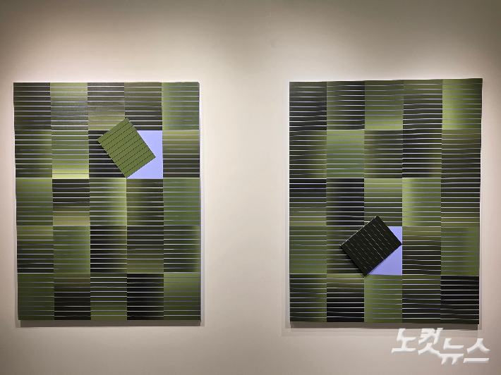 홍미희, '숲속에서' 연작, acrylic, paste board, canvas on panel, 145.5x112.1cm(2025). 곽인숙 기자