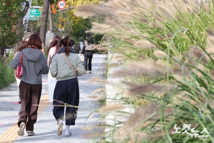 북쪽에서 찬 공기가 남하하면서 아침 기온이 급격히 떨어진 20일 오전 서울 종로구 열린송현 녹지광장 인근에 두꺼운 옷을 입은 시민들이 발걸음을 재촉하고 있다.