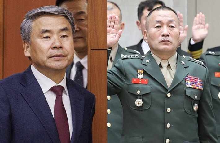 이종섭 전 국방부 장관(왼쪽)·김계환 전 해병대 사령관. 연합뉴스