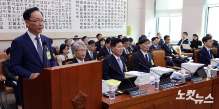20일 서울 여의도 국회에서 열린 법제사법위원회의 서울고등법원·수원고등법원·서울중앙지방법원 등에 대한 국정감사에서 김대웅 서울고등법원장이 업무보고를 하고 있다.