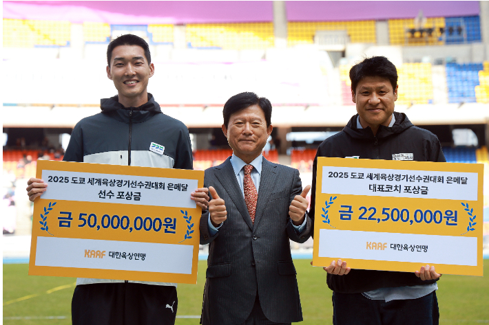 지난 9월 도쿄 세계육상선수권대회 남자 높이뛰기에서 은메달을 딴 우상혁(용인시청)이 20일 제106회 전국체육대회가 열리고 있는 부산 아시아드주경기장에서 대한육상연맹 포상금 수여식에 참석, 기념 촬영하고 있다. 사진 왼쪽부터 우상혁, 대한육상연맹 육현표 회장, 대표코치 포상금을 받은 대표팀의 김도균 코치(용인시청 감독). 연합뉴스