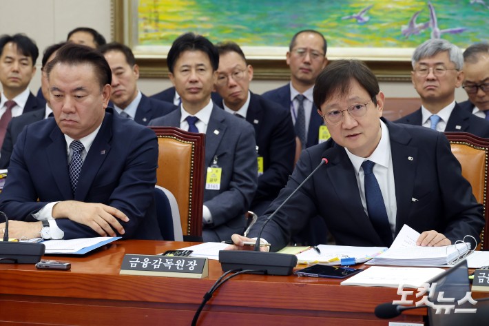 21일 서울 여의도 국회에서 열린 정무위원회의 금융감독원·예금보험공사·서민금융진흥원에 대한 국정감사에서 이찬진 금융감독원장이 의원 질의에 답변을 하고 있다.