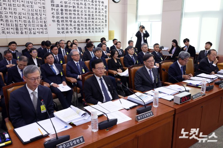 21일 서울 여의도 국회에서 법제사법위원회의 대전고등법원 등에 대한 국정감사가 열리고 있다. (왼쪽부터 설범식 광주고등법원장과 진성철 대구고등법원장, 이원범 대전고등법원장, 박종훈 부산고등법원장, 한규현 특허법원장)