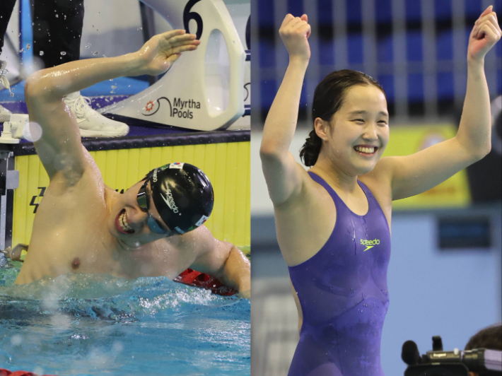 전국체전 수영(경영) 남자일반부 자유형 200m 결승에서 자신의 기록을 확인한 후 환호하는 황선우(사진 왼쪽)와 평영 200m 결승에서 한국 신기록을 세우고 인사하는 문수아. 연합뉴스