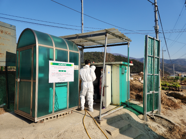 가금농장 소독시설 점검. 경남도청 제공 
