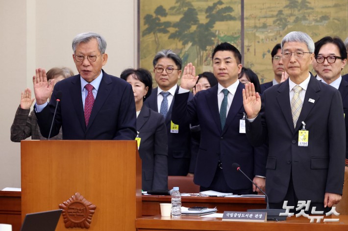 22일 서울 여의도 국회에서 열린 문화체육관광위원회의 국립중앙박물관 등에 대한 국정감사에서 유홍준 국립중앙박물관장과 피감기관 증인들이 선서를 하고 있다.
