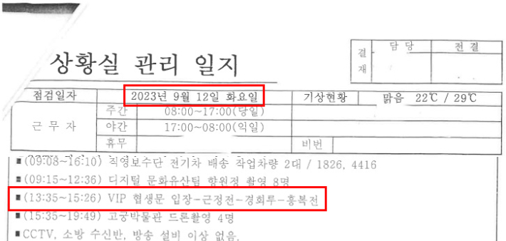 경복궁 2023년 9월12일 상황일지. 이기헌 의원실 제공