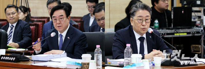 23일 충북대와 충북대병원에 대한 국정감사에서 답변하고 있는 고창섭(왼쪽) 충북대 총장과 김원섭 충북대병원장. 임성민 기자