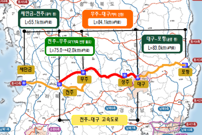 새만금-포항 고속도로의 마지막 퍼즐인 전주-대구 고속도로는 계획만 수립된 상태다. 전북도 제공