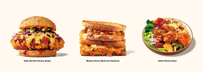 왼쪽부터 트리플레드핫치킨버거, 멜팅치즈머쉬룸샌드위치, 그릴드치킨보울. 교촌에프앤비 제공