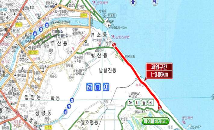 남항진~안인 해안도로 연결 위치도. 강릉시 제공