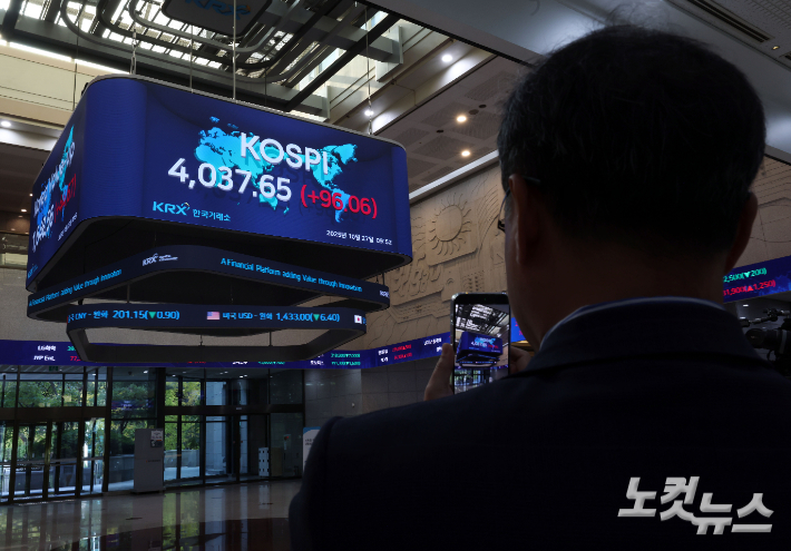 코스피가 사상 처음으로 4천선을 돌파한 27일 오전 서울 여의도 한국거래소 전광판에 지수가 표시되고 있다. 이날 삼성전자도 '10만전자' 고지에 첫발을 디뎠다. 황진환 기자