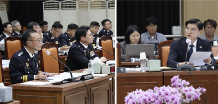 이해식(오른쪽) 국회의원이 경기남부북부경찰청 국정감사에서 질의하고 있다. 이 의원 블로그 캡처