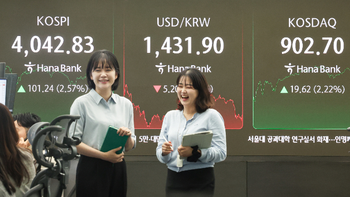 서울 중구 하나은행 본점 딜링룸 현황판에 코스피, 원·달러 환율, 코스닥 지수가 표시돼 있다. 연합뉴스