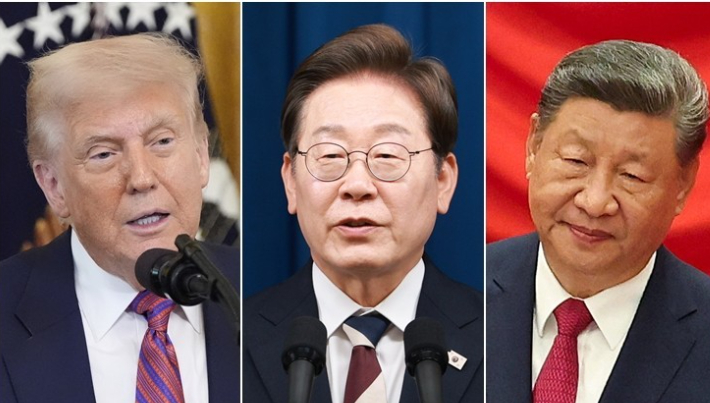도널드 트럼프 미국 대통령(왼쪽)과 이재명 대통령(가운데), 시진핑 중국 국가 주석. 연합뉴스