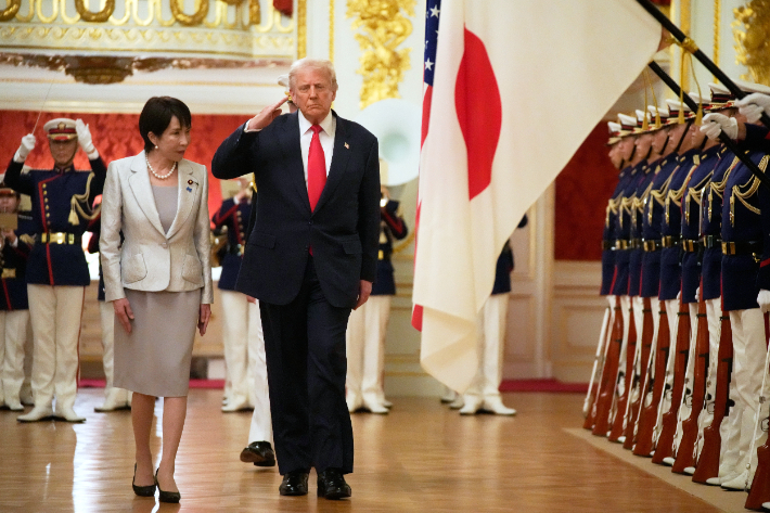 28일 오전 일본 도쿄 모토아카사카 영빈관에서 열린 미일 정상회담. 연합뉴스