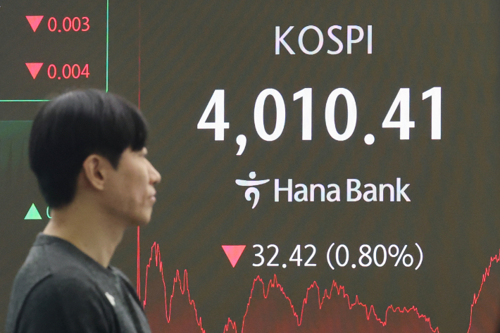 28일 서울 중구 하나은행 본점 딜링룸 현황판에 코스피 지수가 표시돼 있다. 연합뉴스