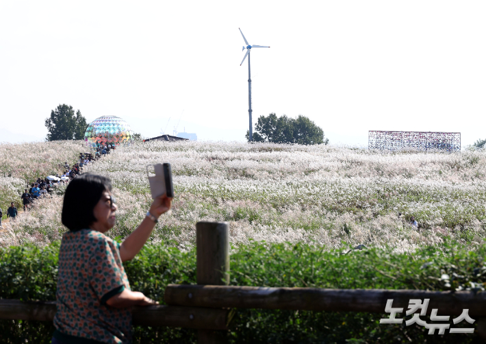 완연한 가을날씨를 보인 19일 오후 서울 마포구 하늘공원에서 열린 '2025 서울억새축제'를 찾은 시민들이 주말을 즐기고 있다. 황진환 기자