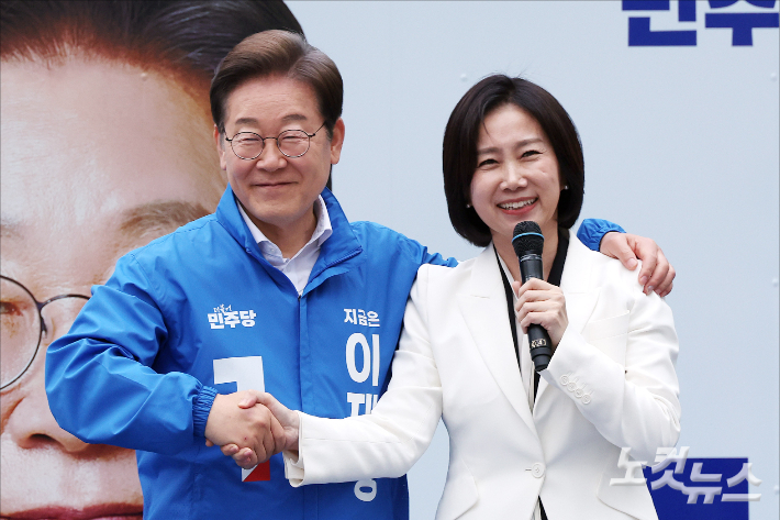 허은아 개혁신당 전 대표가 지난 5월 19일 당시 이재명 더불어민주당 대선 후보에 대한 지지를 선언하고 있다. 윤창원 기자