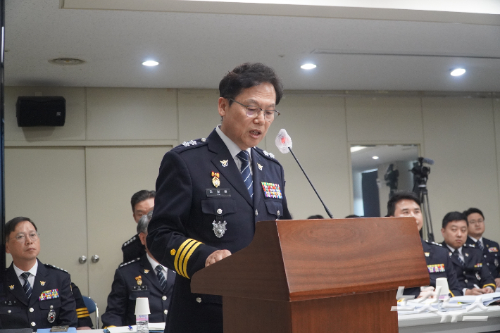 28일 열린 전북경찰청 국정감사에서 업무보고하는 김철문 전북경찰청장. 심동훈 기자