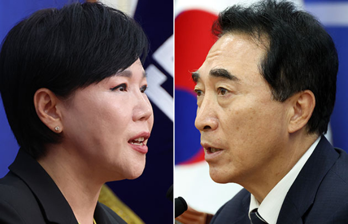 전현희 더불어민주당 의원(왼쪽)과 박수현 더불어민주당 수석대변인. 연합뉴스·윤창원 기자