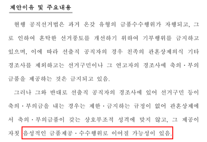 음성적인 금품제공·수수행위로 이어질 가능성이 있어 개정안을 제안한다는 내용. 의안번호 '2114315' 공직선거법 일부개정법률안 캡처