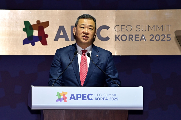 김상현 롯데유통군 총괄대표가 29일 경북 경주예술의전당에서 열린 2025 아시아태평양경제협력체(APEC) 정상회의 최고경영자(CEO) 서밋에서 '디지털 전환과 리테일 호율화'를 주제로 연설하고 있다. 연합뉴스