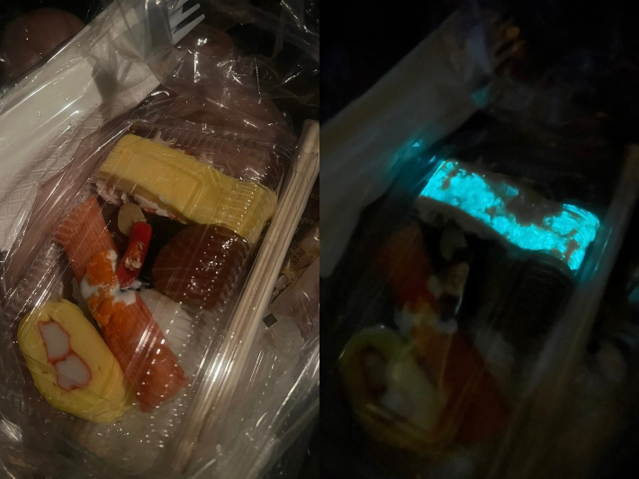 불을 끄자 푸른빛을 내는 계란 초밥. Mild Burusskorn 페이스북 캡처