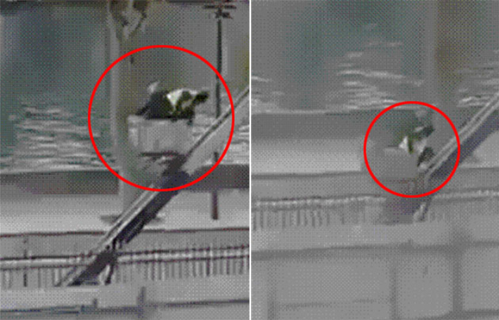 사다리차를 타고 내려오는 절도범의 모습. SNS 캡처