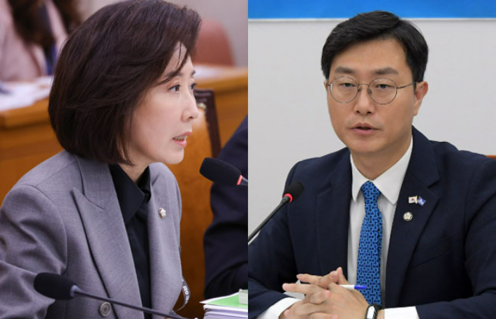 국민의힘 나경원 의원과 더불어민주당 장경태 의원. 연합뉴스·윤창원 기자