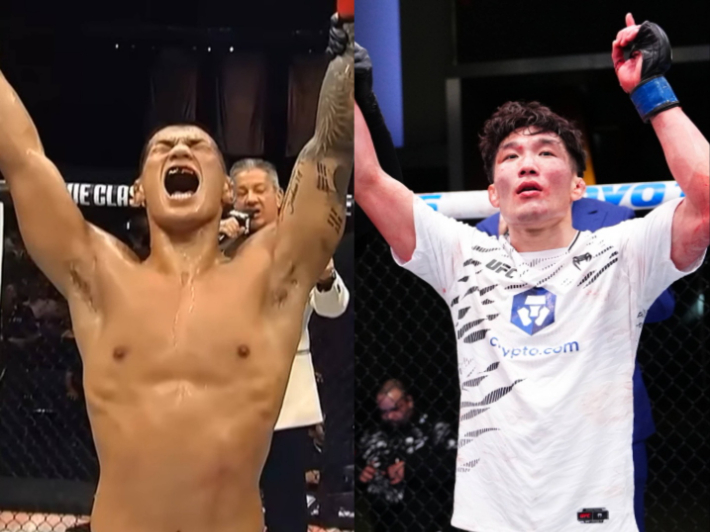 고석현(사진 왼쪽)과 이창수가 UFC 데뷔전에서 승리한 후 포효하는 장면. UFC 제공
