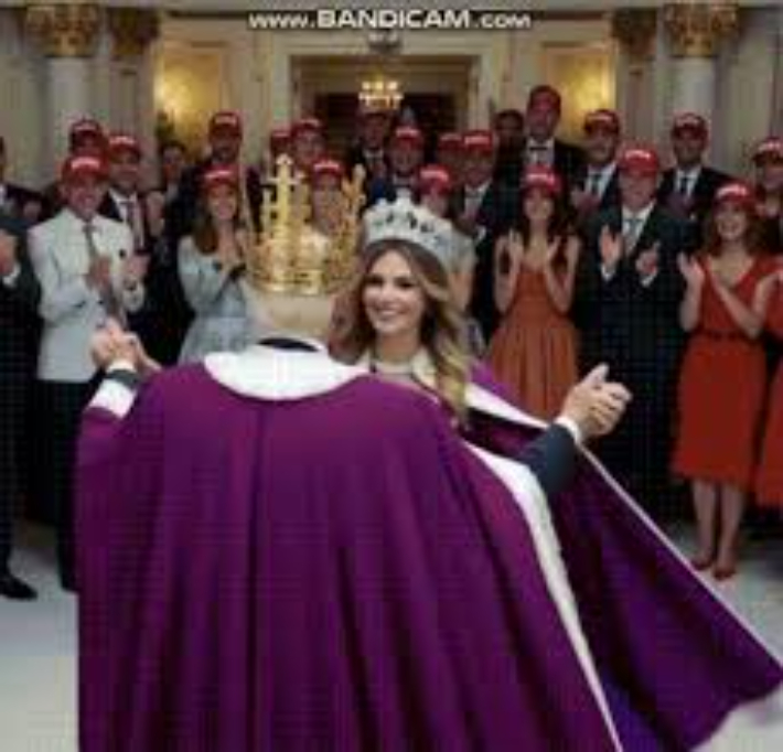 온라인에서 확산된 합성 이미지. 트럼프 전 미국 대통령이 금관을 쓰고 멜라니아 여사와 춤을 추는 모습이 AI로 만들어져 공유되고 있다. X(옛 트위터) 캡쳐