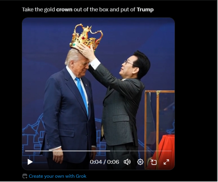 해외 이용자가 AI 도구를 활용해 만든 합성 영상. 한국 대통령이 트럼프 전 대통령의 머리에 금관을 씌우는 장면이 묘사돼 온라인에서 밈으로 확산됐다. X(옛 트위터) 캡쳐