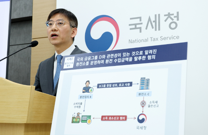 국세청 안덕수 조사국장이 3일 캄보디아 범죄조직의 국내 세금 탈루 혐의에 대해 세무조사 착수 방침을 밝히고 있다. 국세청 제공