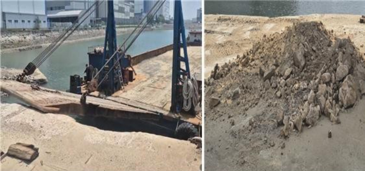 A업체의 모래부두에 타 업체 선박이 모래 외의 골재 등을 하역한 모습이 담긴 동영상 일부 화면. 독자 제공