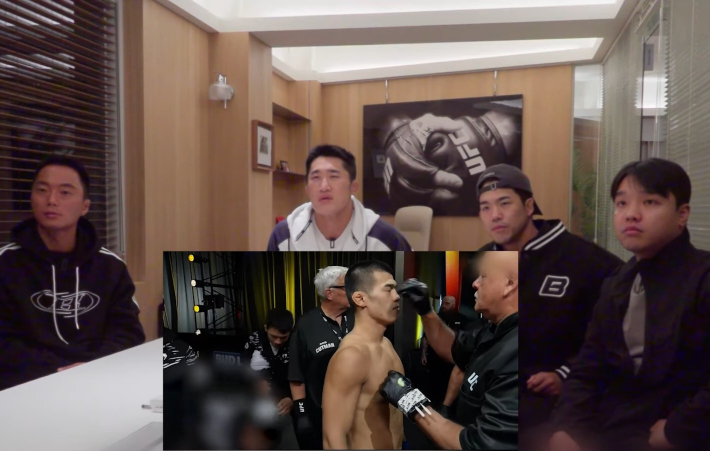 김동현(사진 가운데)이 자신의 제자 고석현의 UFC 경기를 지켜보고 있다. 김동현 SNS 영상 캡처