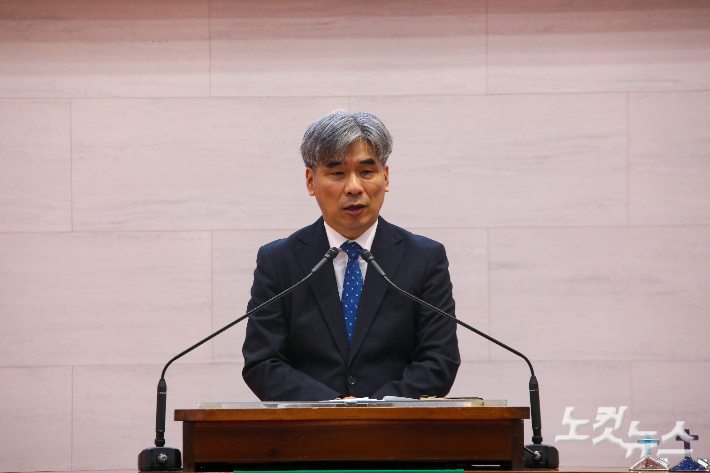 정읍중앙교회 김선종 목사가 정기총회 경건예배에서 설교를 전하고 있다. 최화랑 기자
