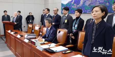 김용원 국가인권위원회 상임위원이 5일 서울 여의도 국회에서 열린 운영위원회의 국가인권위원회에 대한 국정감사에서 증인선서를 거부하고 있다.