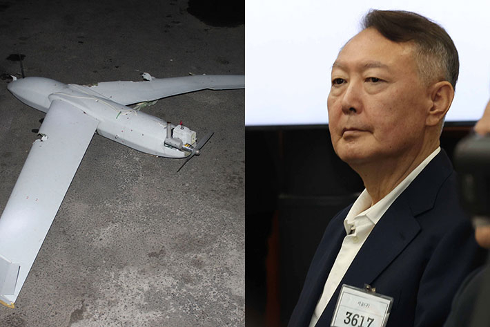 북한에서 공개한 무인기 사진, 오른쪽은 윤석열 전 대통령. 사진공동취재단·연합뉴스