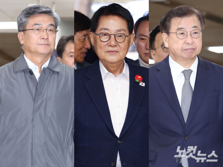 2020년 서해에서 발생한 공무원 피격 사건을 은폐하려 한 혐의로 재판에 넘겨진 문재인 정부 안보 라인인 서욱 전 국방부 장관(왼쪽부터), 박지원 전 국가정보원장, 서훈 전 국가안보실장. 류영주 기자