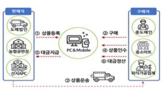 농림축산식품부는 생산자와 소비지 유통·소매업체가 디지털 플랫폼을 통해 직접 거래하는 새로운 유통경로인 온라인도매시장을 운영 중이다. 농식품부 제공