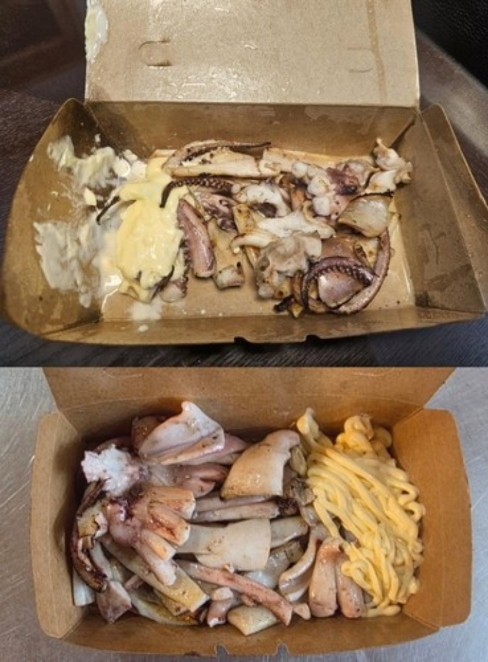 제주 서귀포매일올레시장에서 판매된 철판 오징어를 구매했다가 바가지를 썼다는 주장이 제기된 가운데 상인회가 지난 10월 23일 보도자료를 내고 "실제 판매된 오징어와 다르다"며 반박에 나섰다. 사진은 한 온라인 커뮤니티에 게시된 철판오징어 사진(위)과 서귀포매일올레시장 상인회가 제공한 철판오징어 사진. 연합뉴스