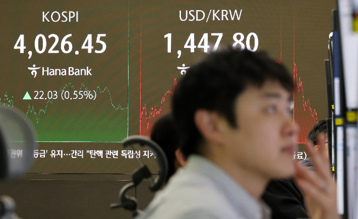6일 서울 중구 하나은행 본점 딜링룸에서 딜러가 업무를 보고 있다. 연합뉴스