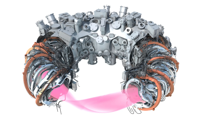 독일 막스 플랑크 연구소의 벤델슈타인 7-X 핵융합 장치의 플라즈마 용기, 초전도 스텔라레이터 자석 코일, 평면 자석 코일, 지지 구조물, 극저온 용기. 막스플랑크 플라즈마물리학연구소 제공