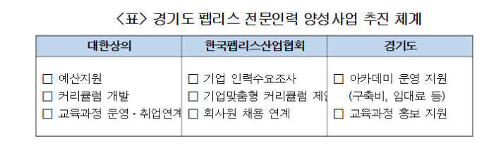 경기도 펩리스 전문인력 양성사업 추진 체계. 대한상공회의소 제공